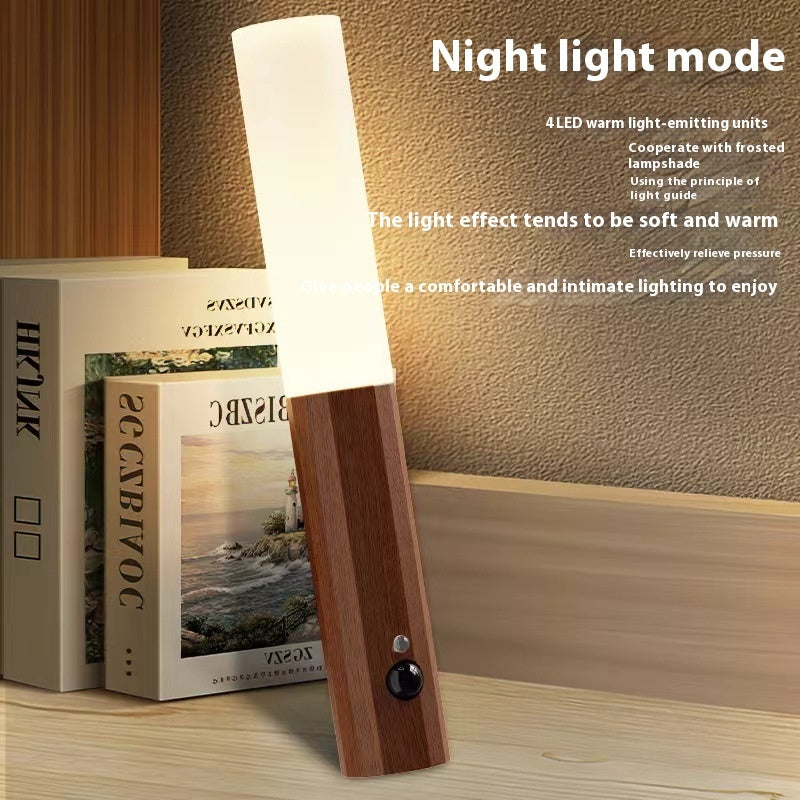 LED Wood Grain Magnetic Wall Lamp Motion Sensor USB Night Light Cabinet Closet Light Staircase Bedroom Table Bedside Lighting